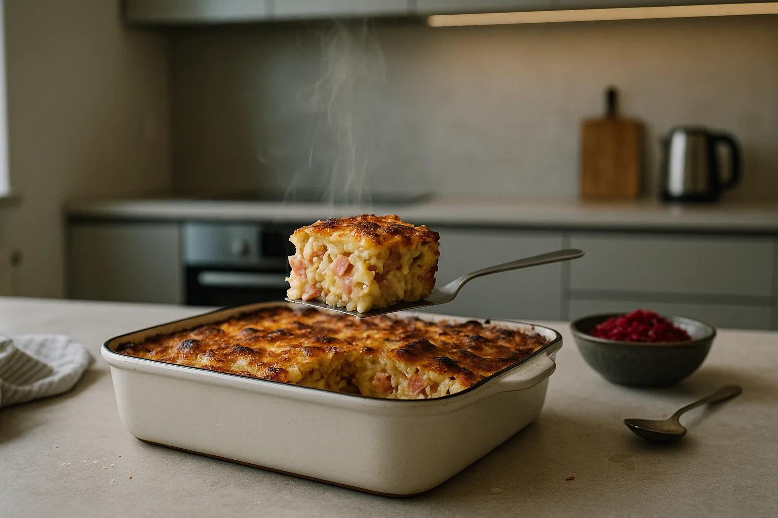 Ovenschotel met ham en pastavierkantjes