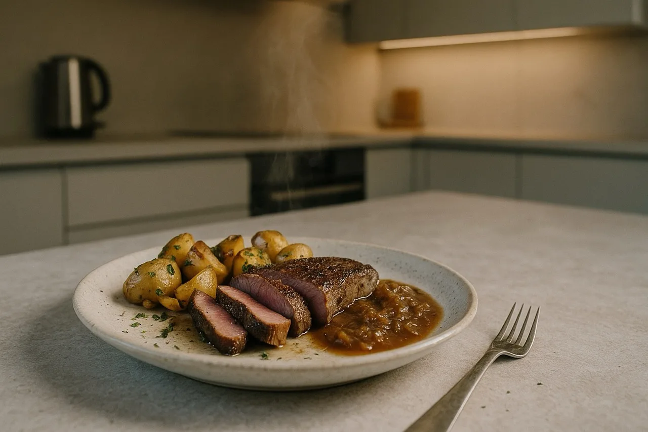 Steak met gebakken aardappelen en uiensaus