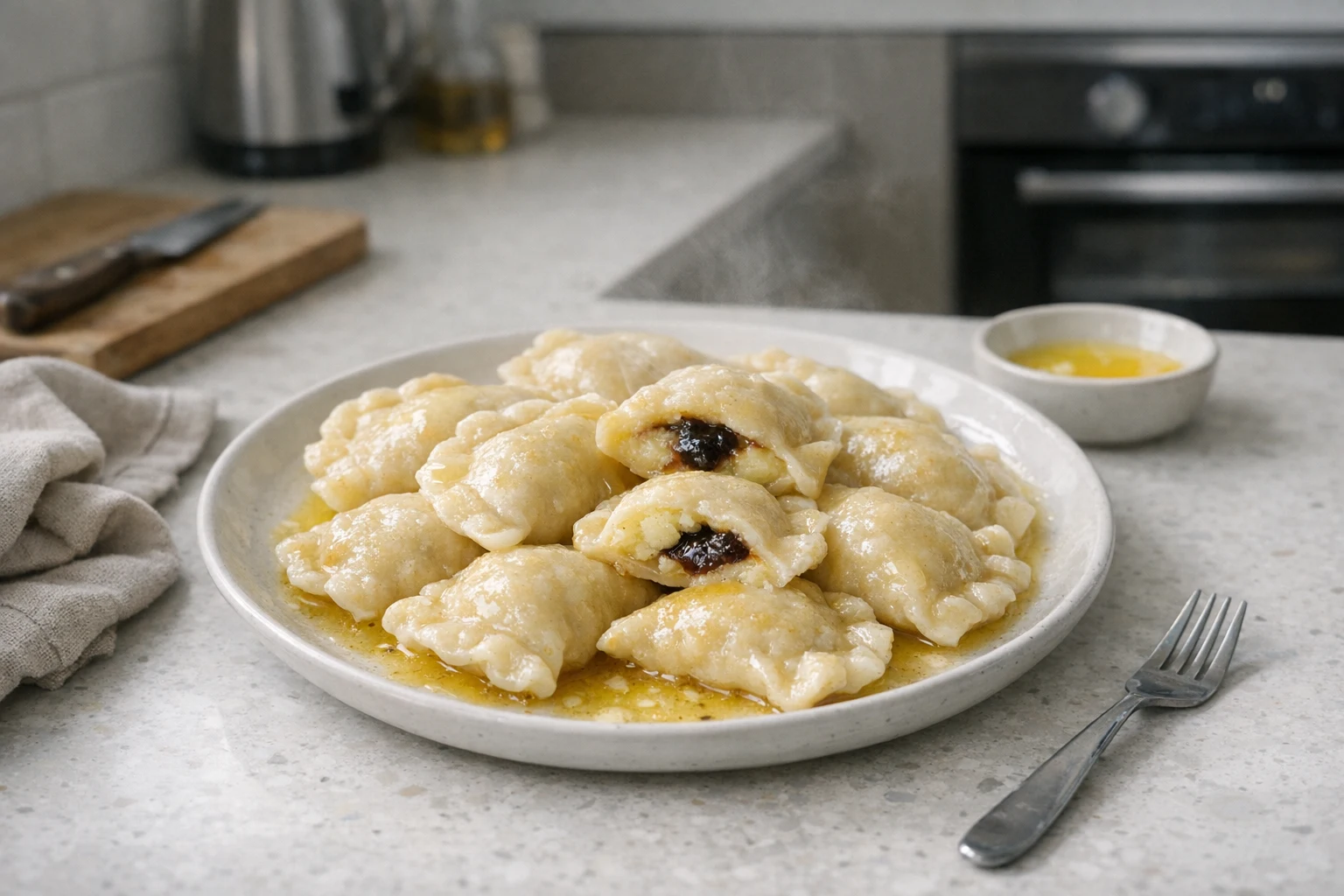 Zelfgemaakte pierogi gevuld met aardappel en pruimenmoes