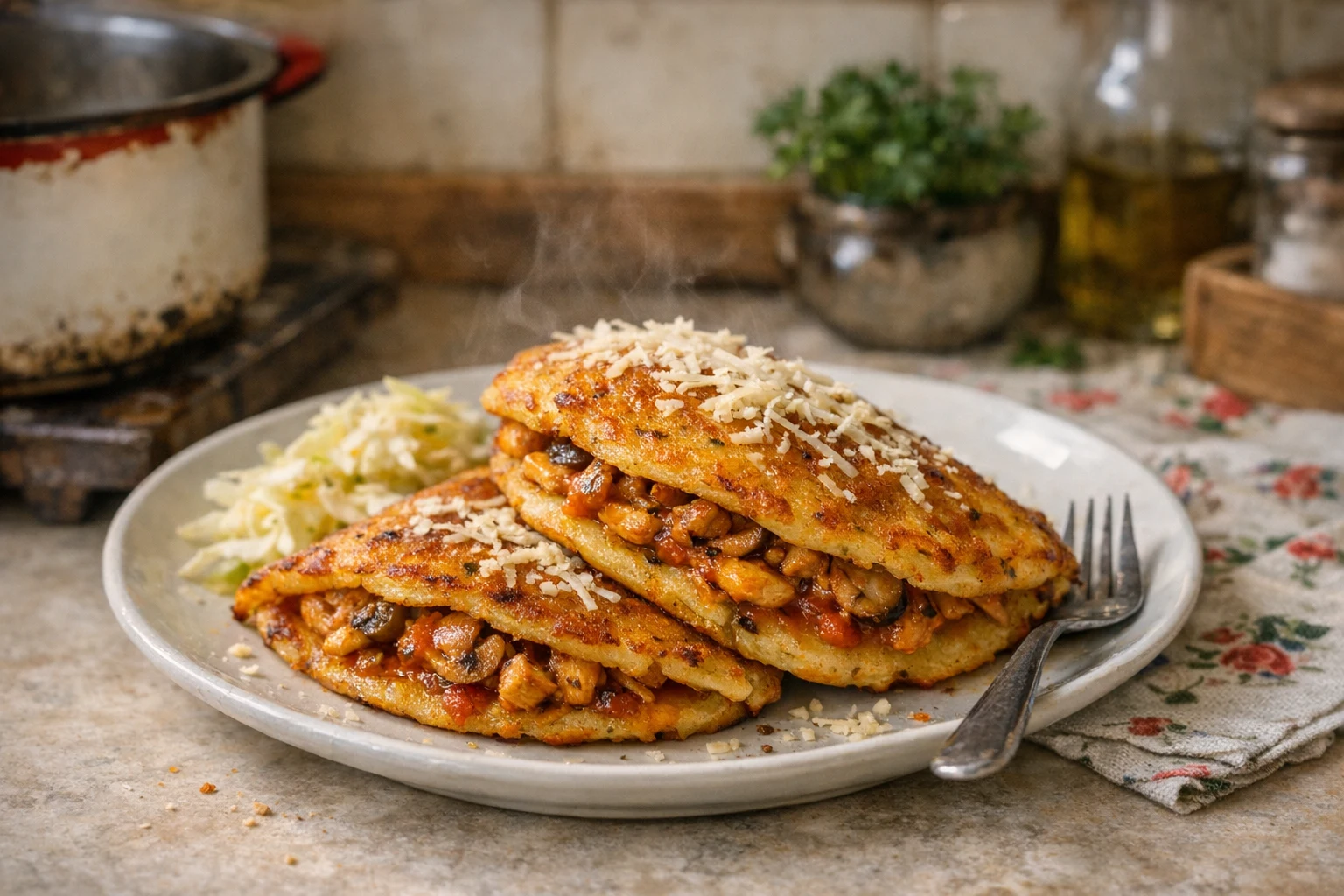 Aardappelkoekjes gevuld met gesauteerde kip