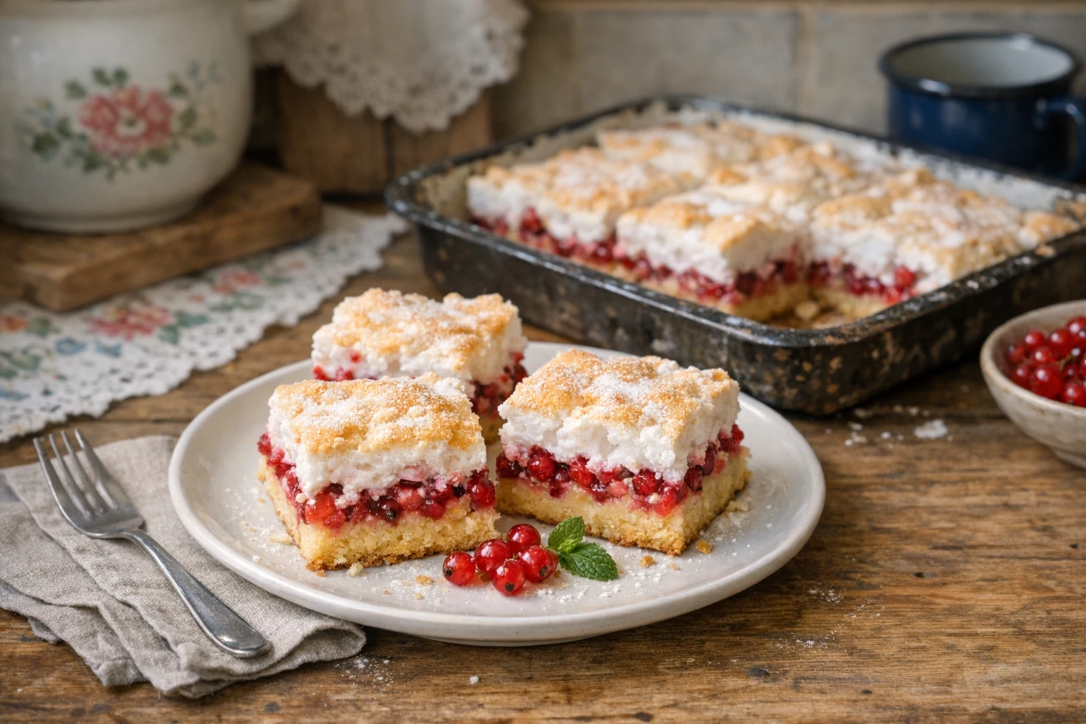 Bessencake met meringue