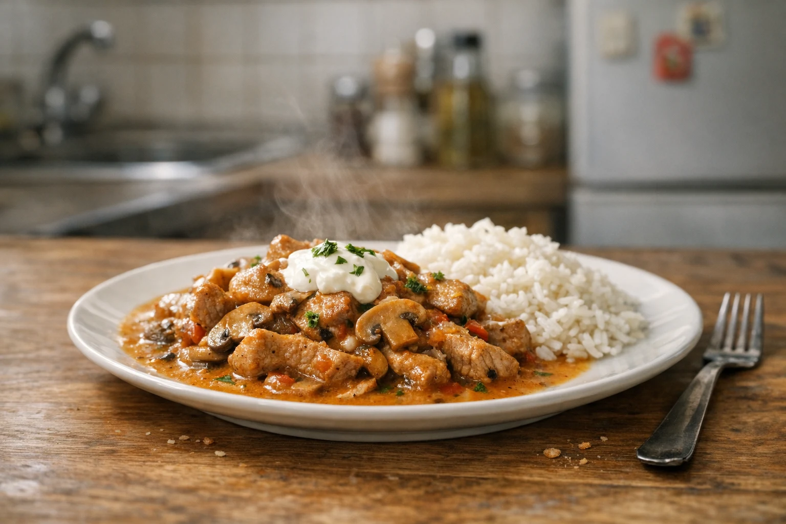 Stukjes varkensvlees met champignons