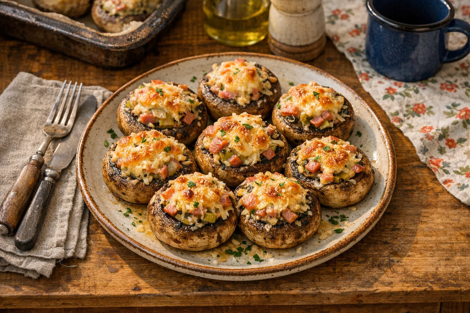 Gebakken champignons gevuld met kaas en ham