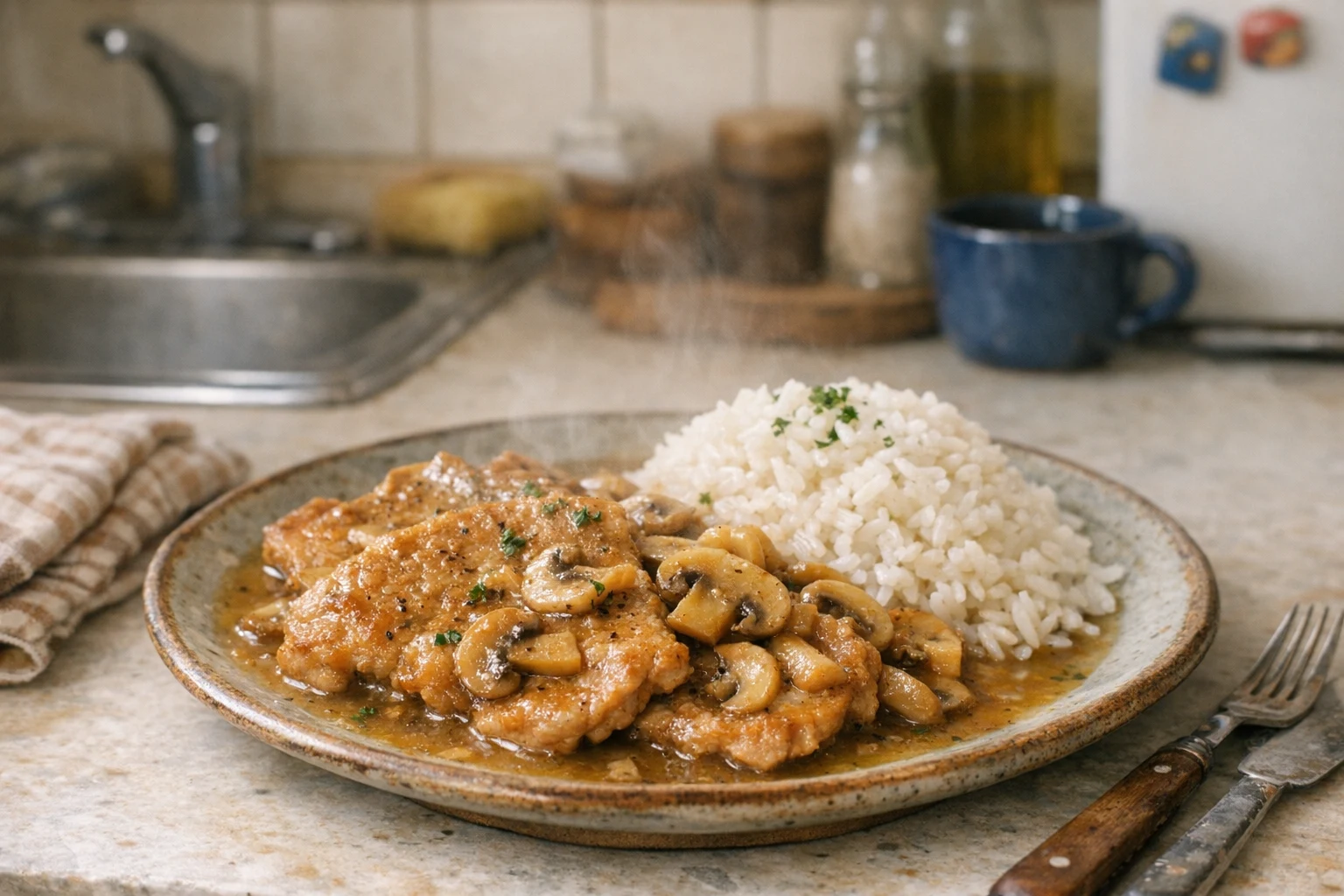 Varkensschnitzels naturel met champignons