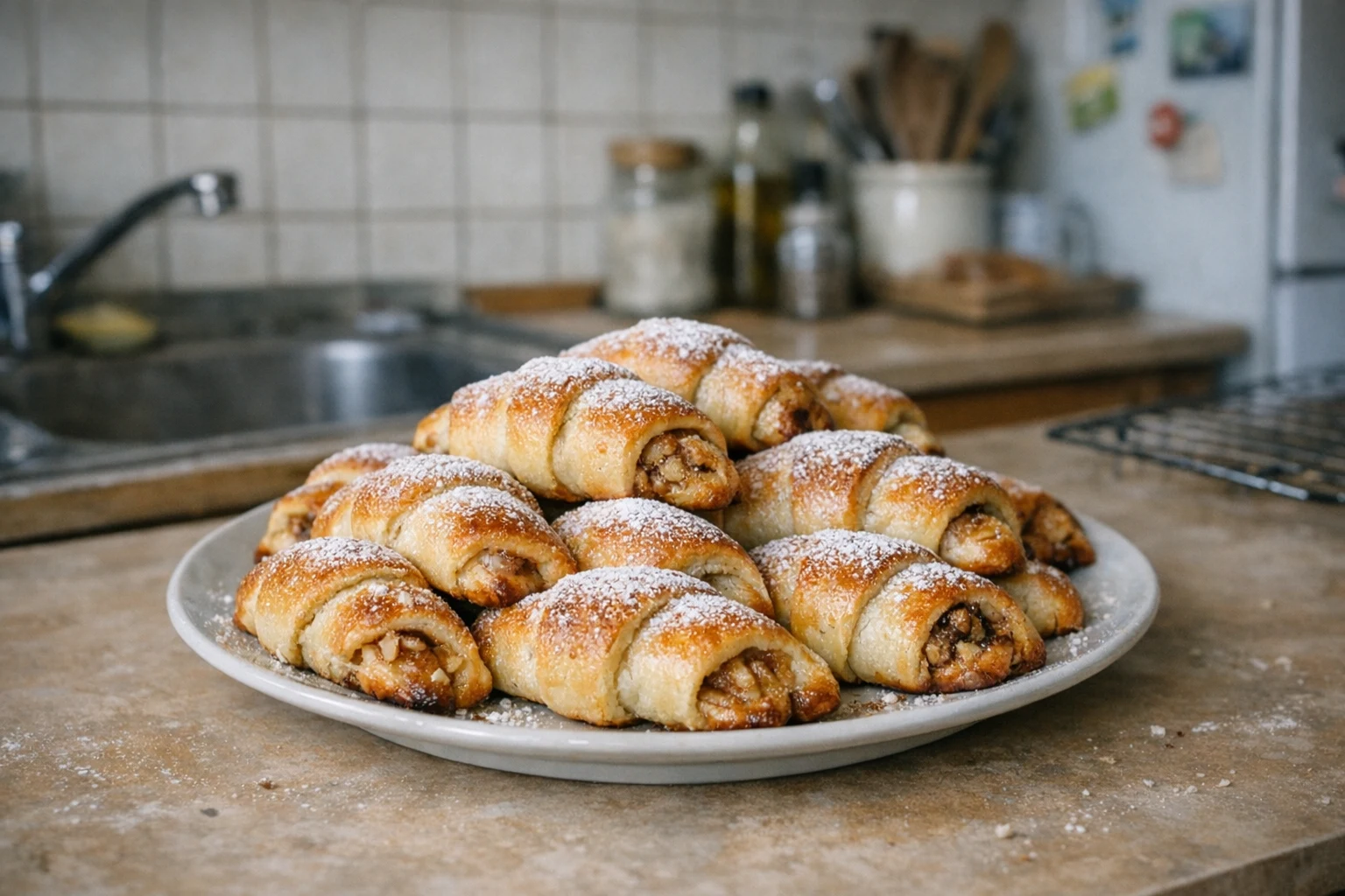 Krokante deeghoorntjes met appel-walnootvulling
