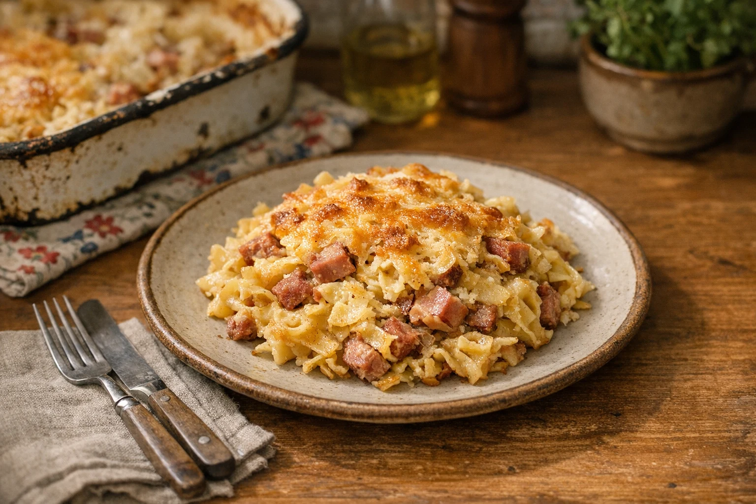 Gegratineerde pasta met ham