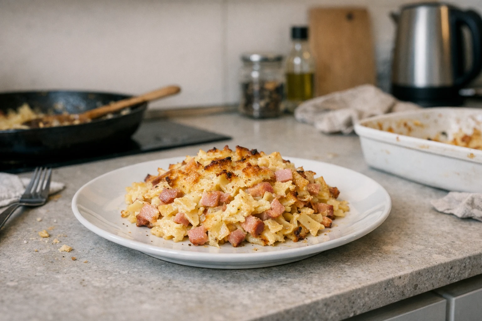 Gegratineerde pasta met ham