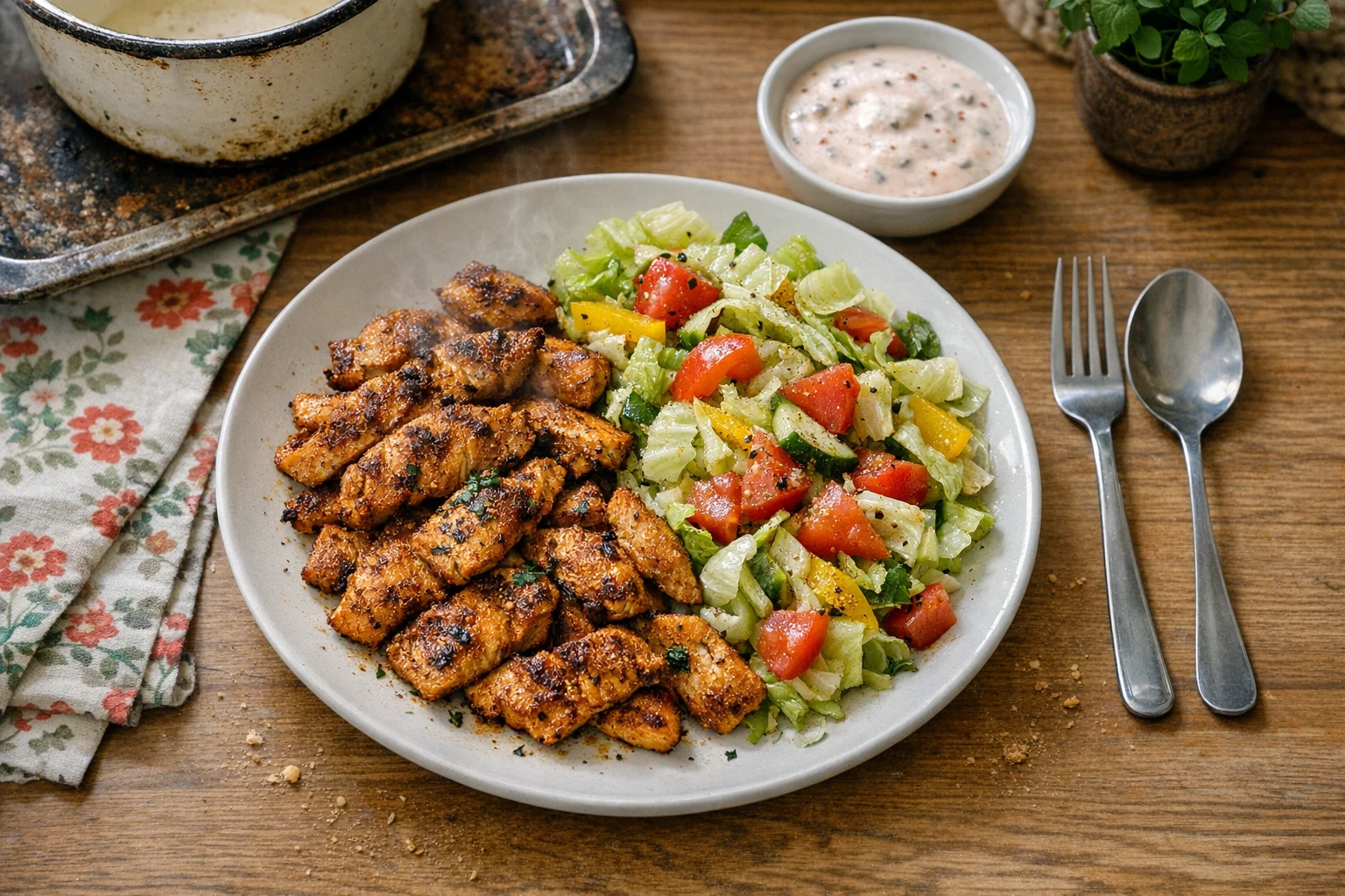 Kipfilet met gyroskruiden, groentesalade en yoghurtdressing