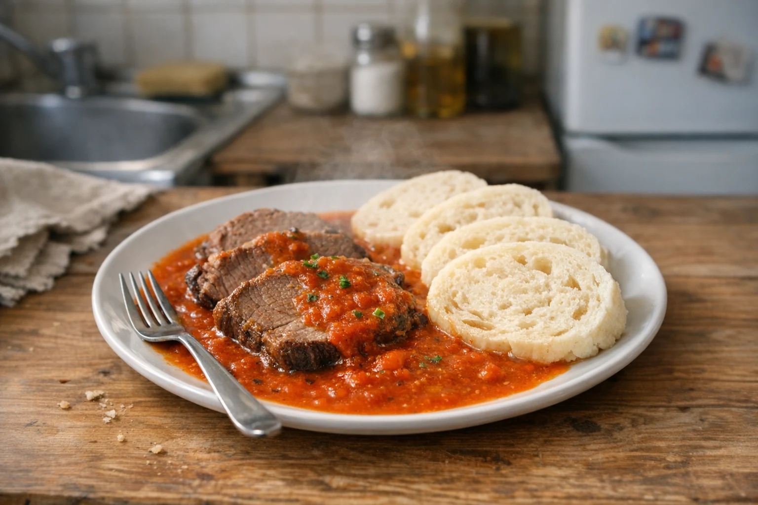 Rundvlees met tomatensaus en knoedels