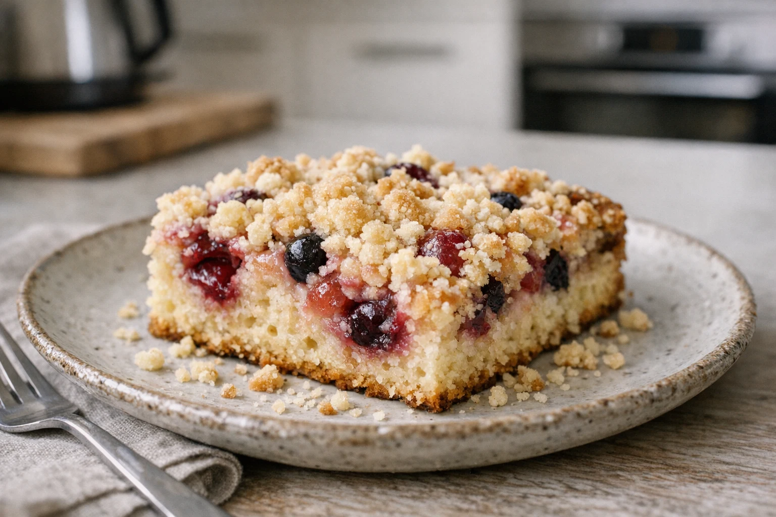 Luchtige plaatcake met fruit en kruimeltopping