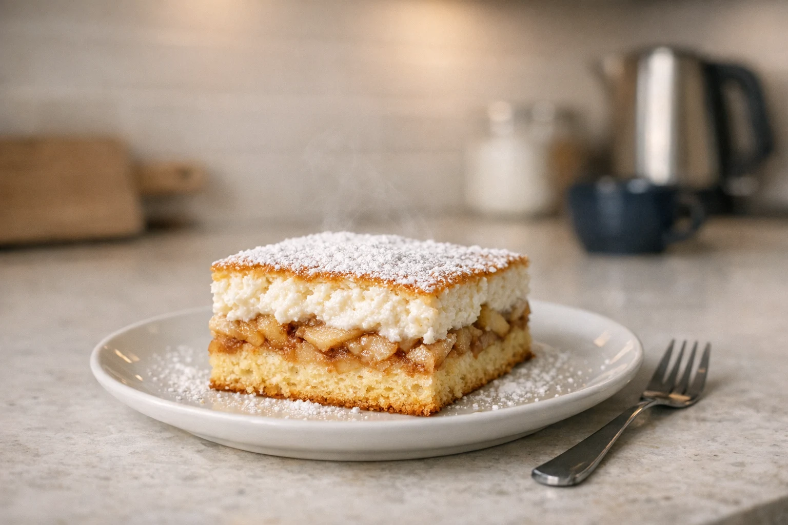 Appel-kwarkcake met een mok als maatbeker