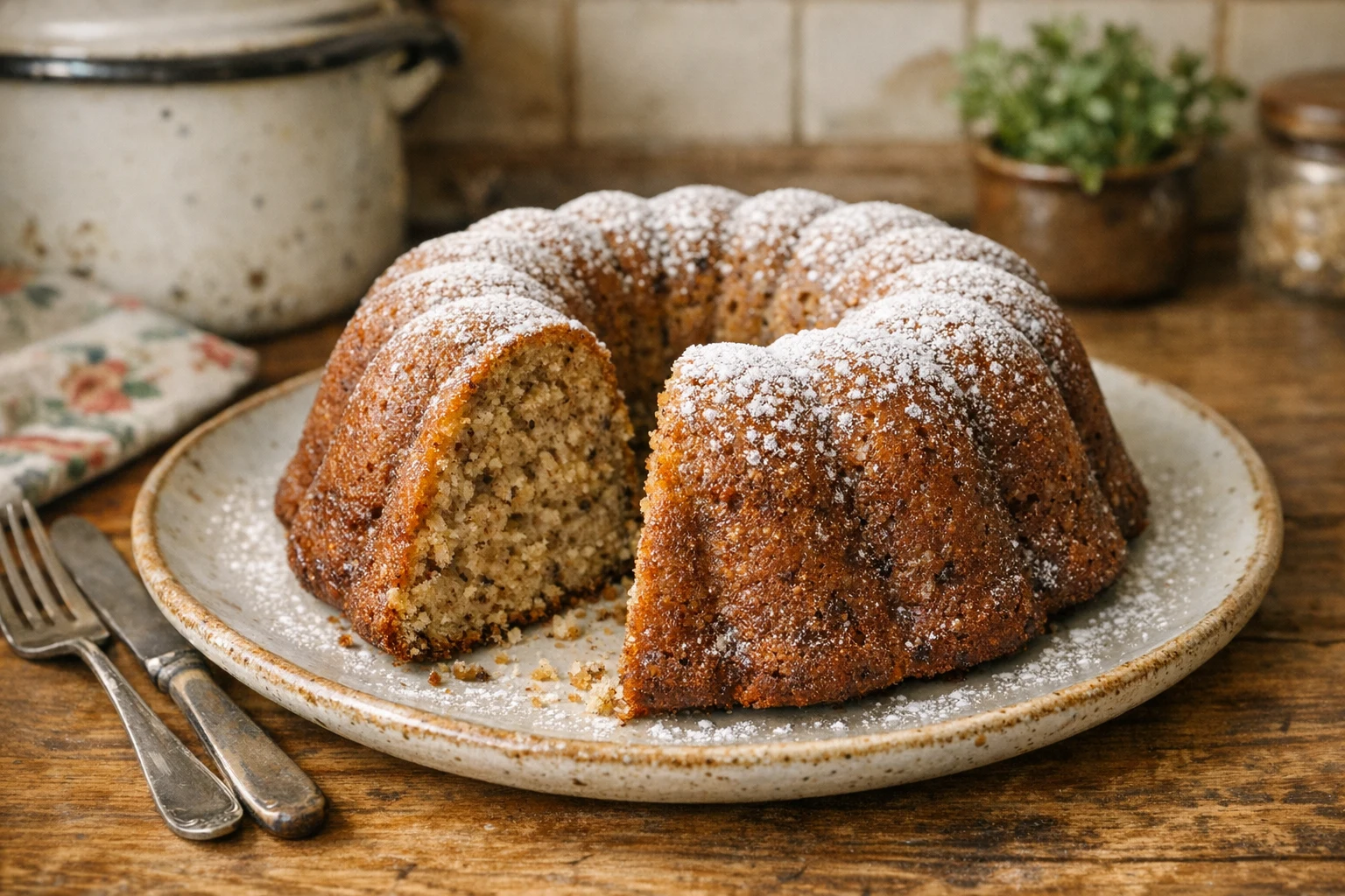 Notencake uit de tulbandvorm met kopjesmaten
