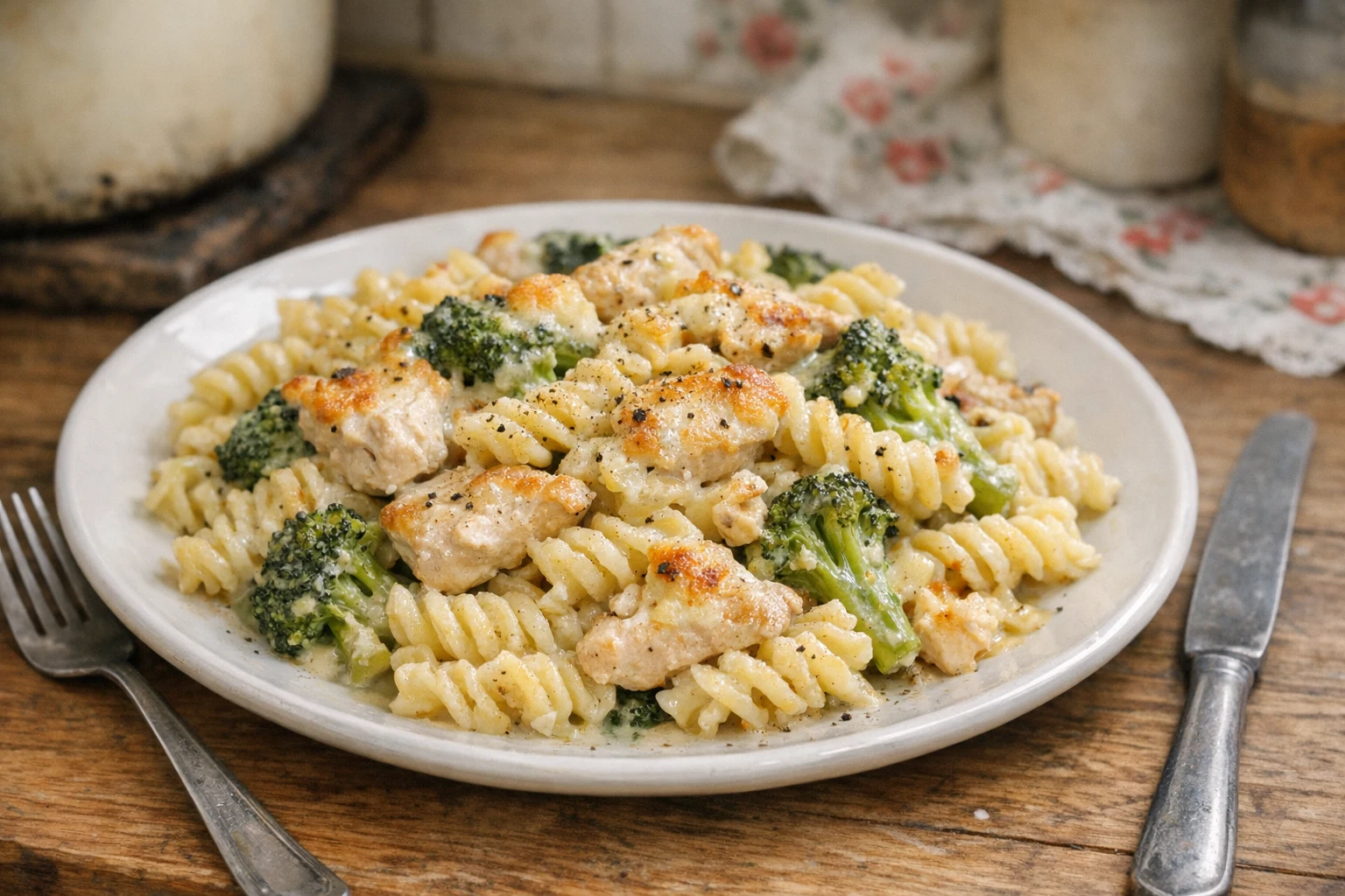 Eenvoudige gegratineerde pasta met broccoli en kip