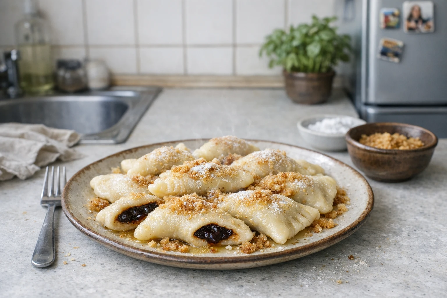 Aardappeldeegkussentjes met pruimenmoes