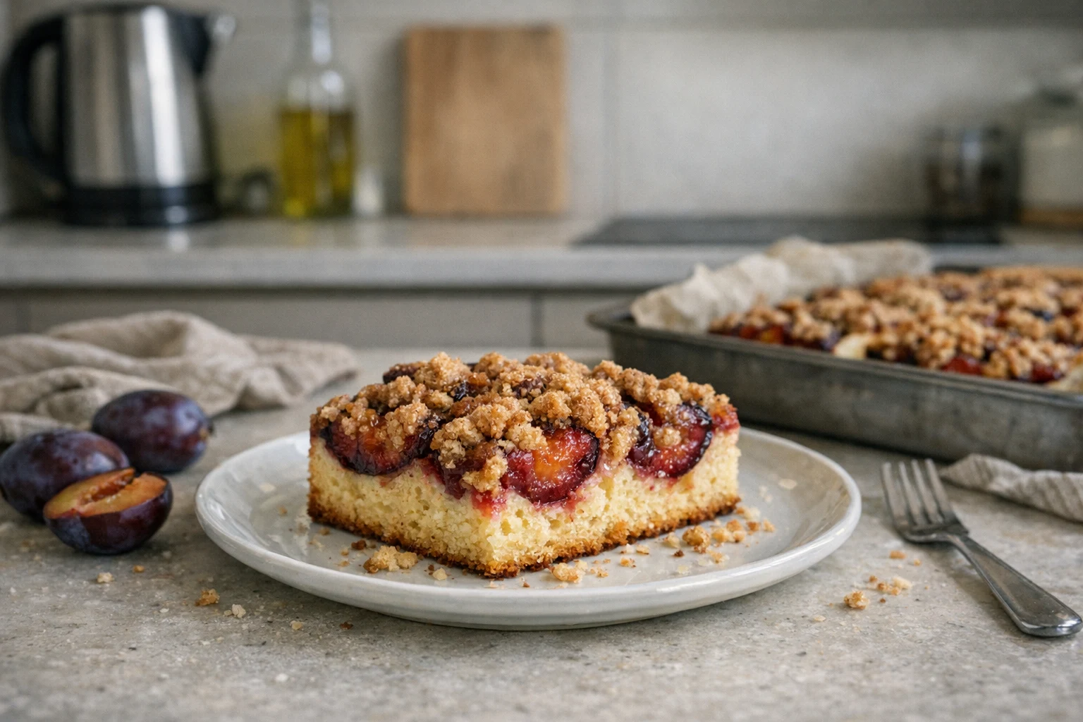 Smeuïge pruimencake met kaneelkruimels