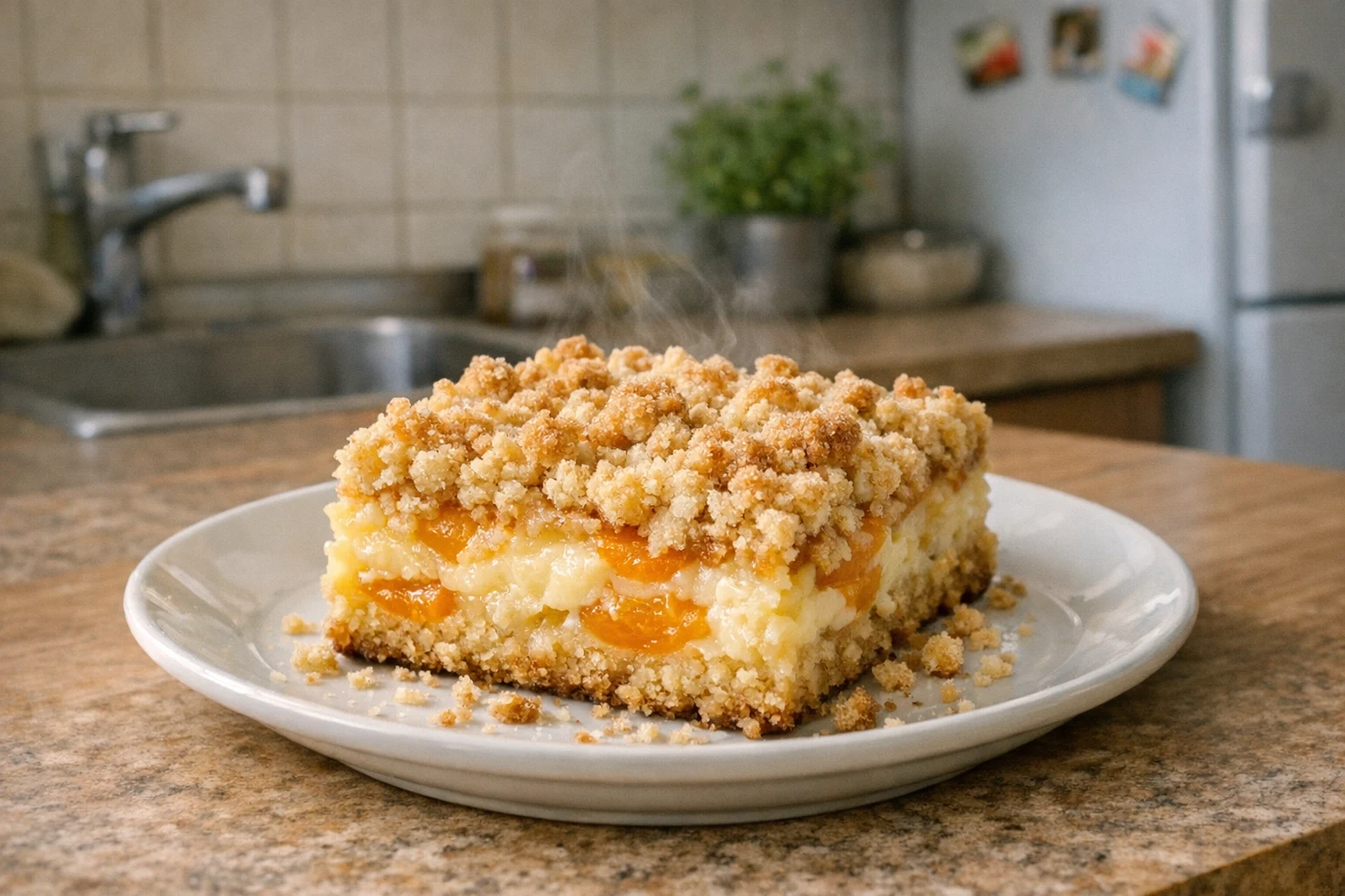 Kruimeltaart met vanillepudding en abrikozen