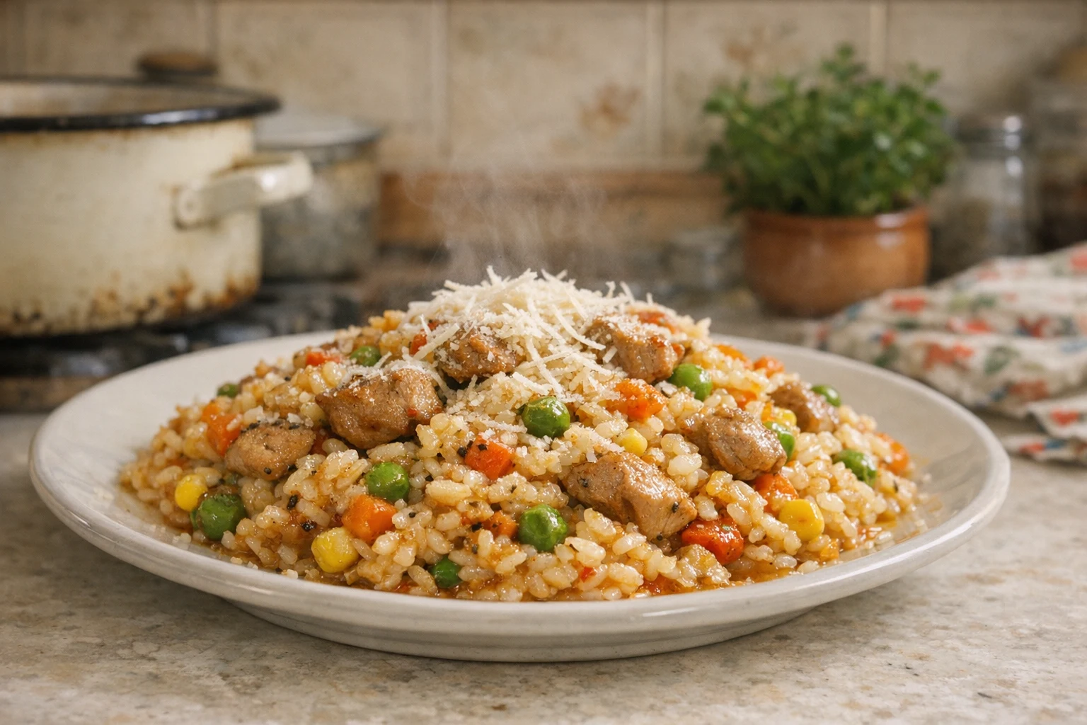 Risotto met varkensvlees en groenten