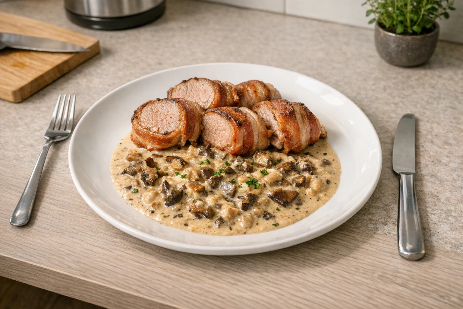 Varkenshaas omwikkeld met spek en champignonsaus