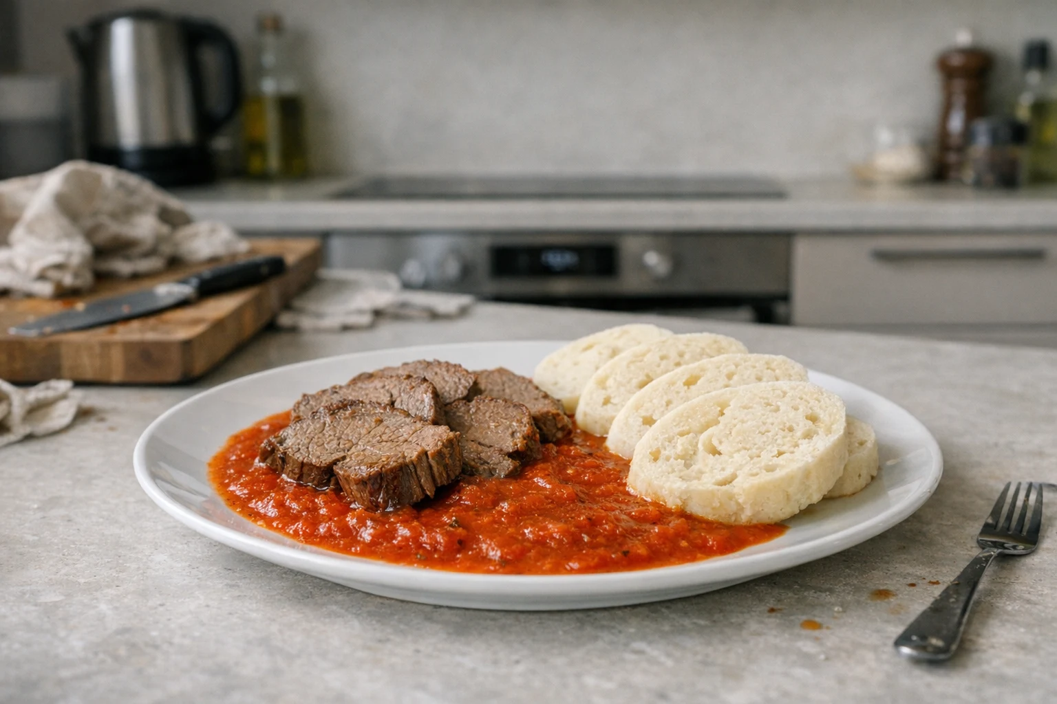 Rundvlees met tomatensaus en knoedel