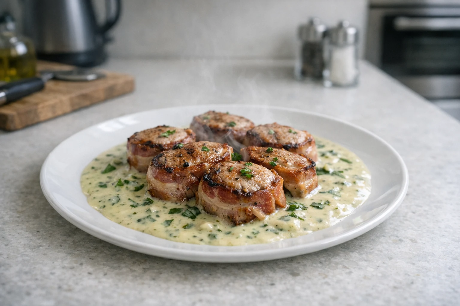 Varkenshaasmedaillons met basilicumsaus