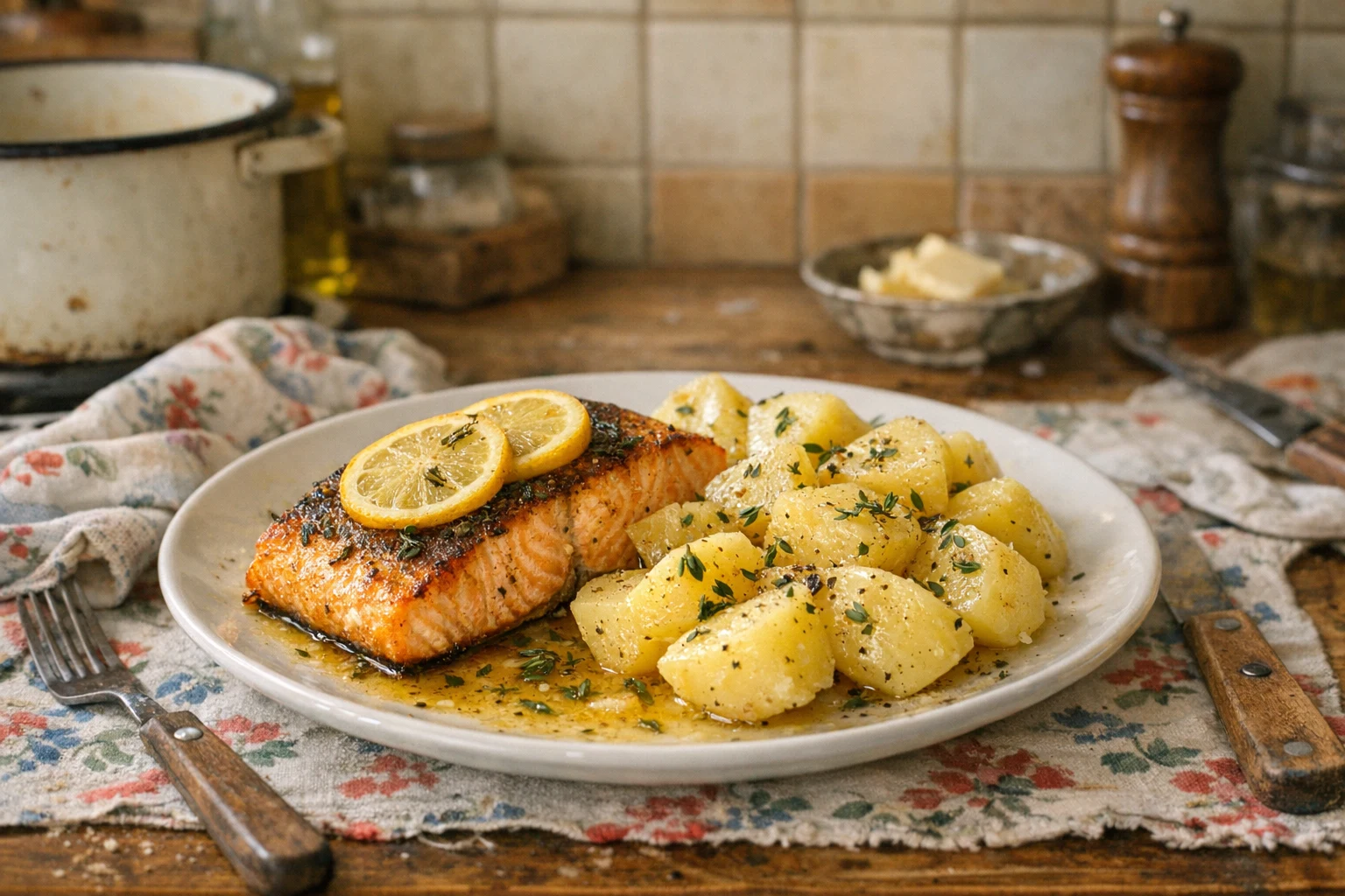 Zalm in boter met aardappelen