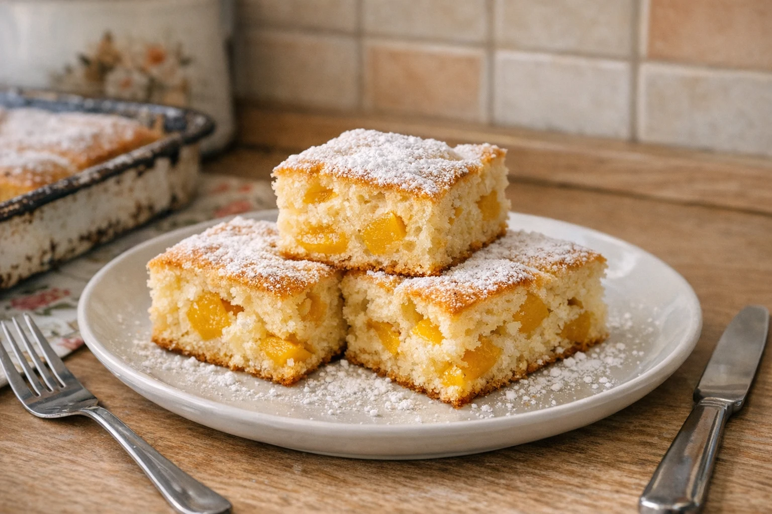 Luchtige plaatcake met perzik