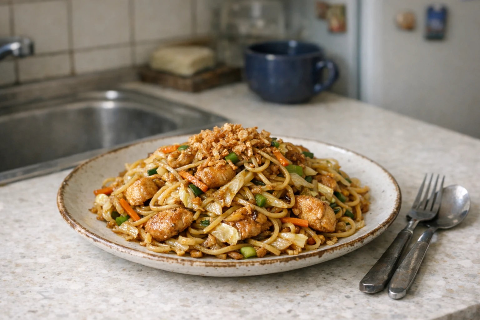 Gebakken Chinese noedels met kip