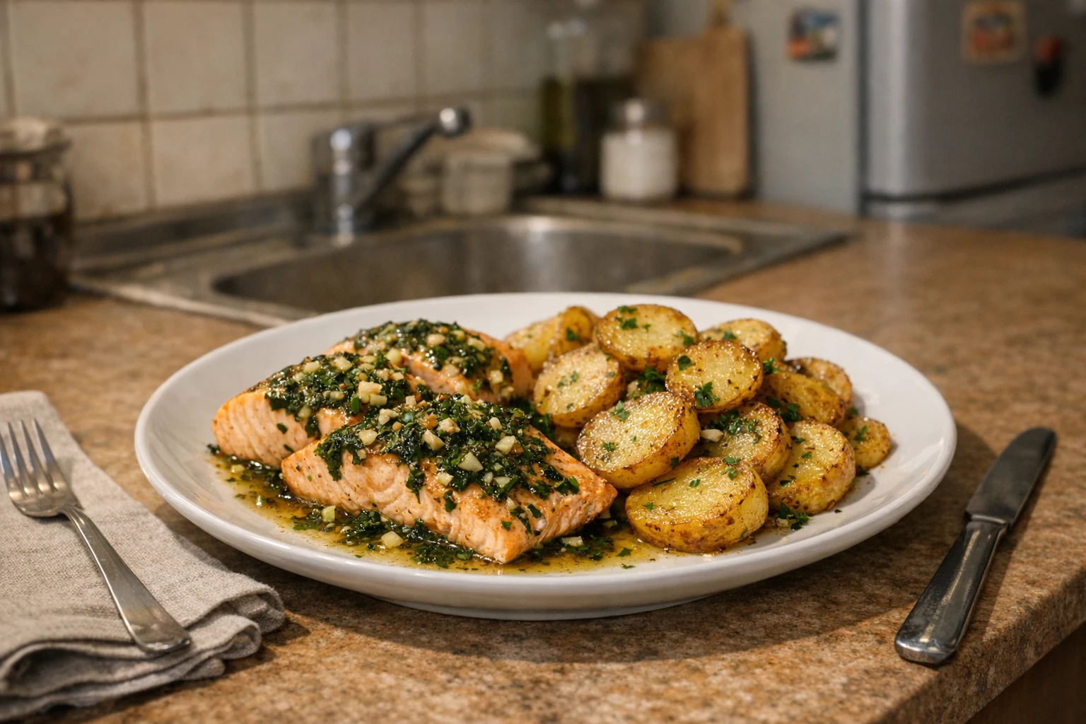 Zalm met kruiden en gebakken aardappelen