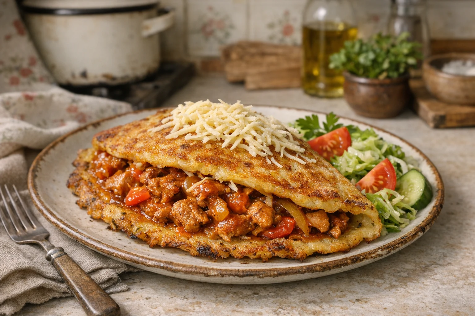 Pittige vleesvulling in een aardappelpannenkoek