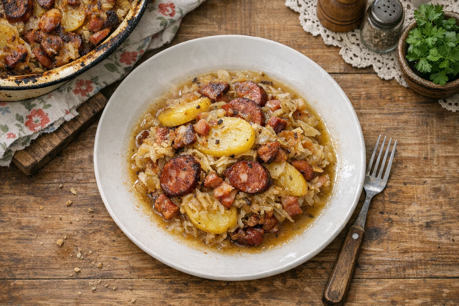 Aardappelschotel met zuurkool en huisgemaakte worst