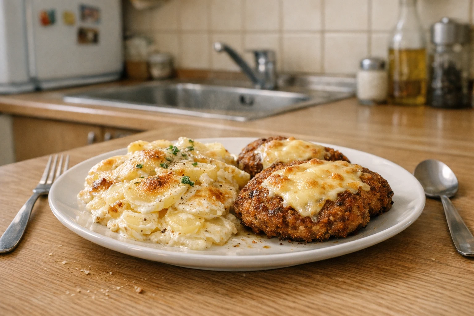 Romige aardappelen met gehaktschnitzels en kaas