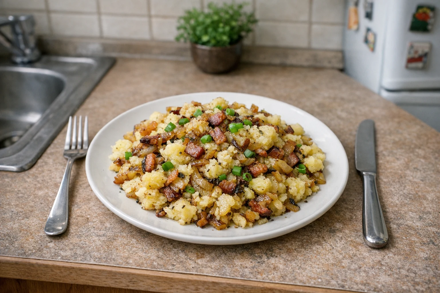 Aardappelen met gebakken ui en bosui