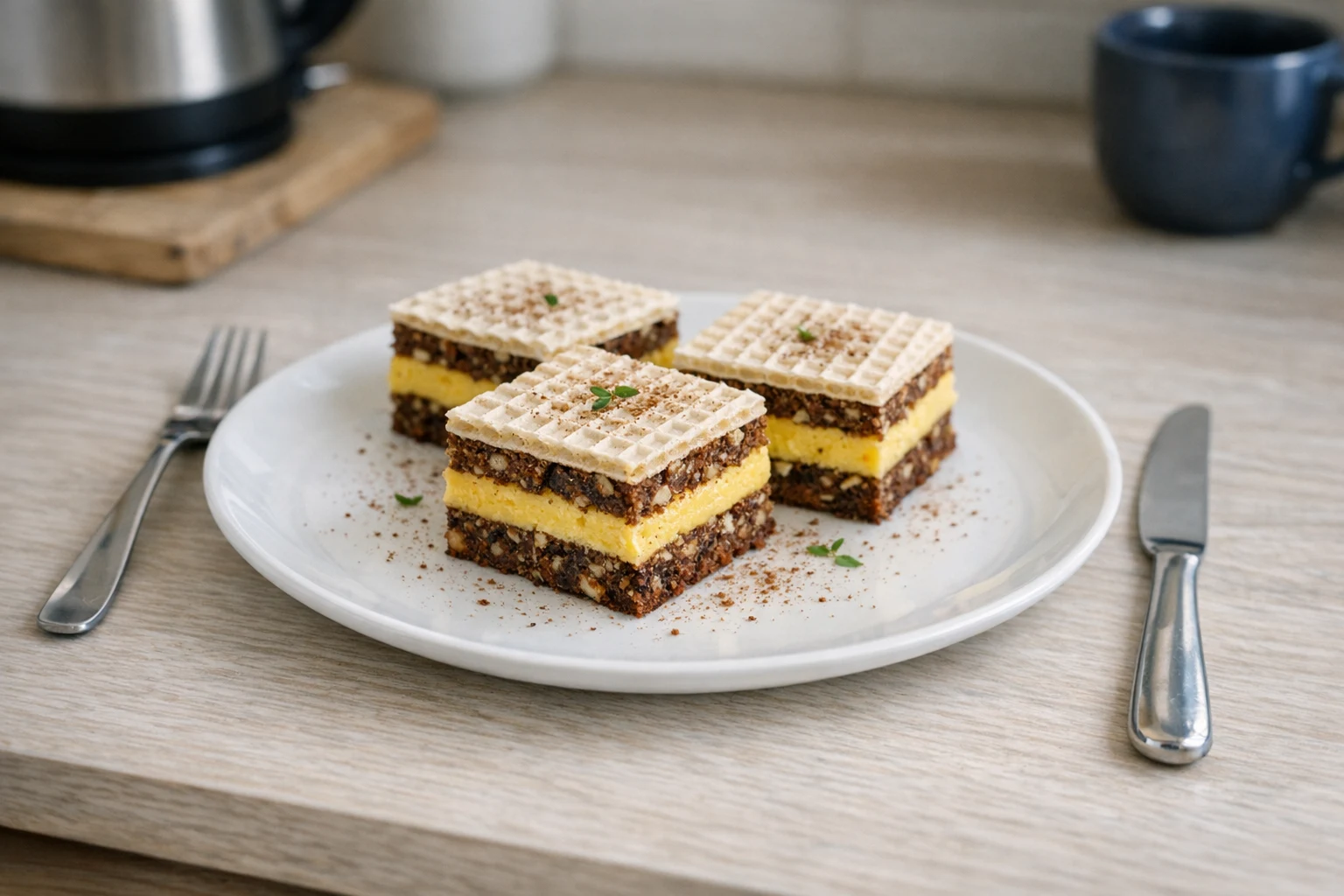 Chocolade-walnootgebak met eierdooiercrème en wafels