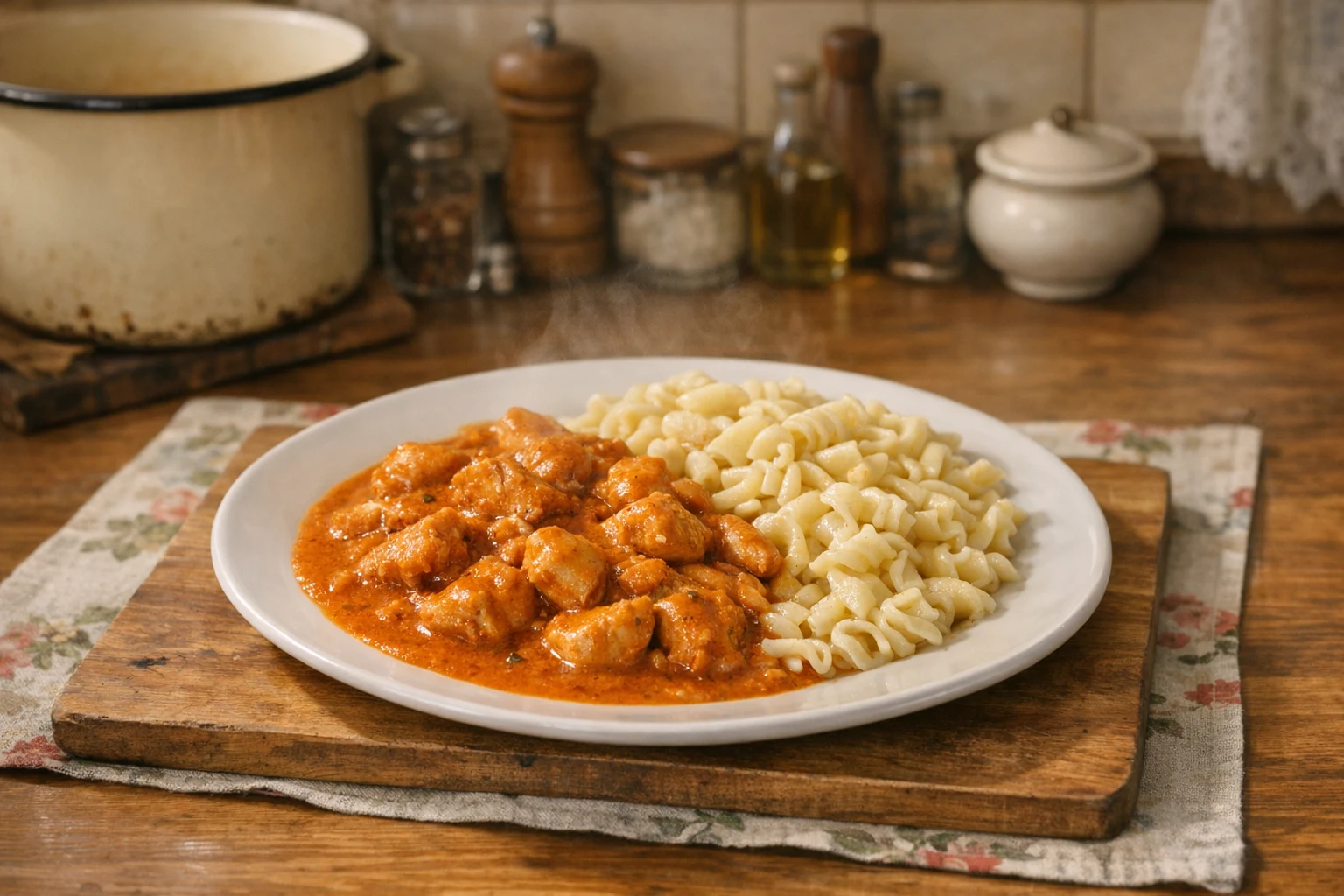 Kippenperkelt met pasta