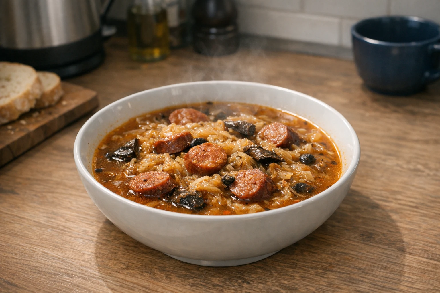Huisgemaakte zuurkoolsoep met eekhoorntjesbrood en worst