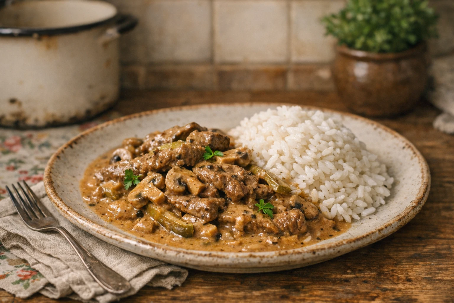 Beef stroganoff met rijst
