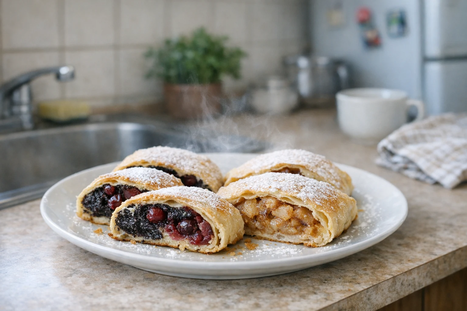 Getrokken strudel met maanzaad-zurekersenvulling en appelvulling