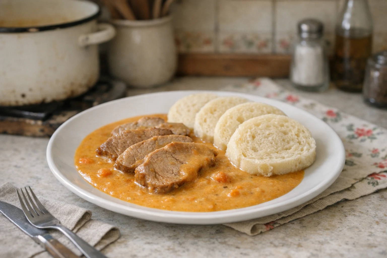 Varkensschouder met romige groentesaus à la sviečková