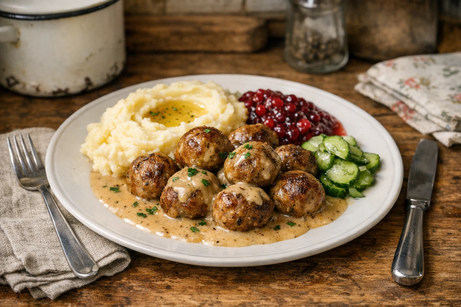 Zweedse gehaktballetjes (köttbullar) met roomsaus en cranberry's