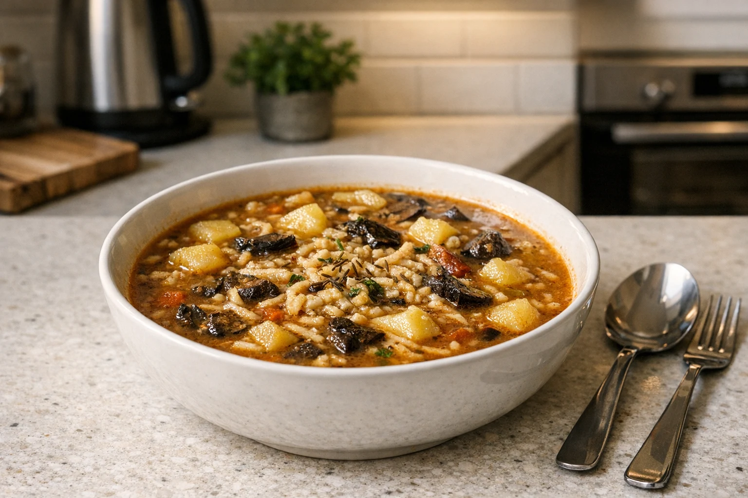 Aardappelsoep met paddenstoelen en geraspt deeg