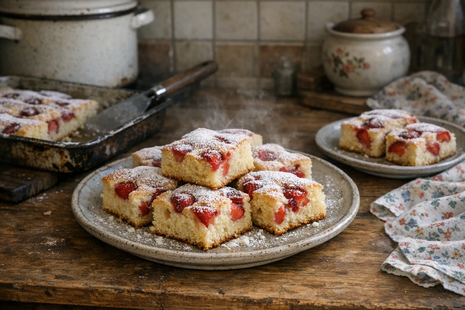 Luchtige aardbeiencake van de bakplaat