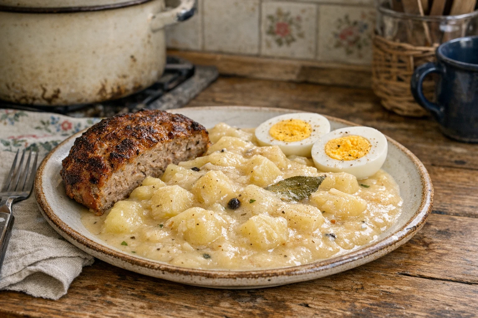 Zure aardappelen met gehaktbrood of ei