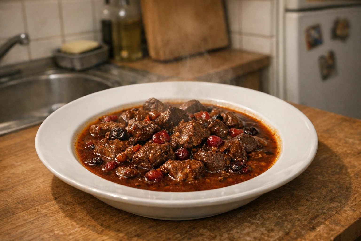 Wildgoulash met rode wijn en cranberry's