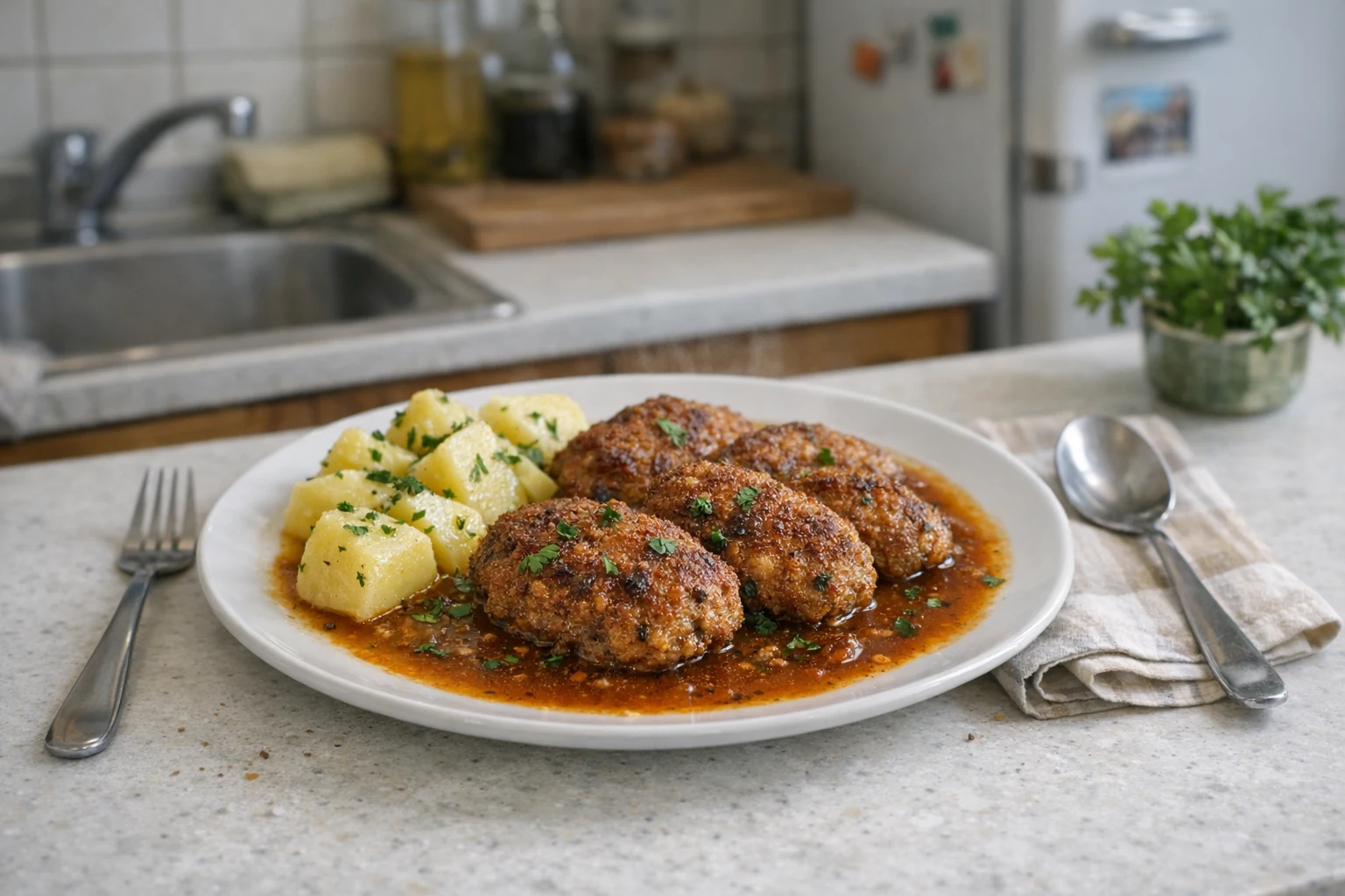 Gegratineerde gehaktburgers in saus
